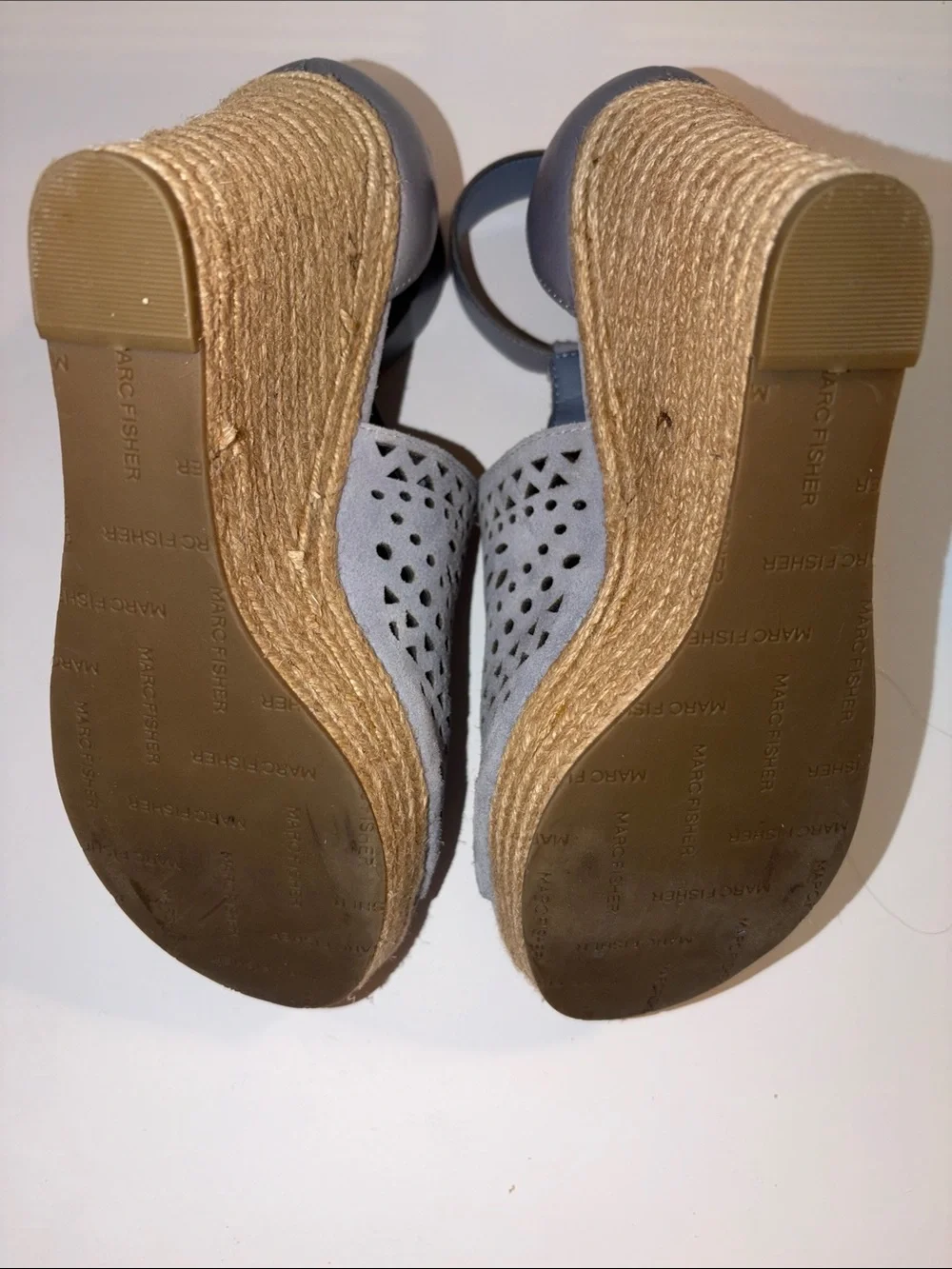 Marc Fisher Hasina Light Blue Suede Wedge Sandals Open Toe Espadrille SZ 8.5